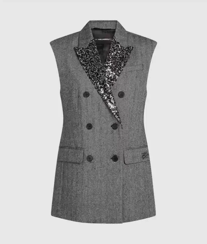 Gilet in tweed con revers in paillettes Gilet in tweed con revers in paillettes