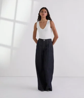 JEANS A GAMBA LARGA CON CUCITURE A CONTRASTO