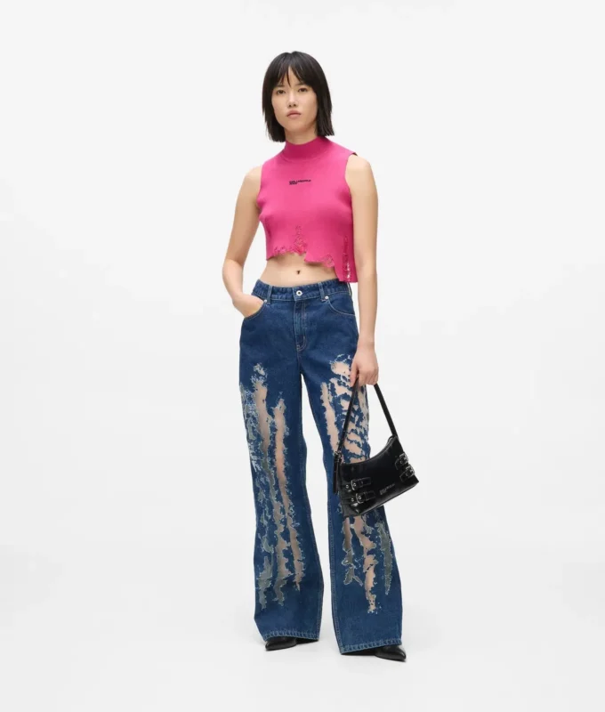 Jeans rilassati a vita media con effetto consumato Jeans rilassati a vita media con effetto consumato