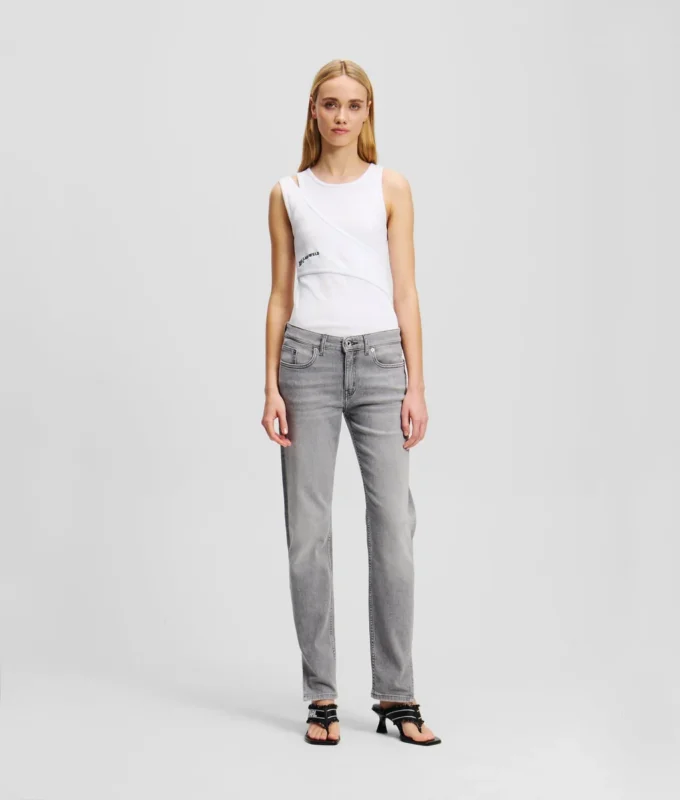 JEANS SLIM A VITA MEDIA CON ORLO SPACCATO JEANS SLIM A VITA MEDIA CON ORLO SPACCATO