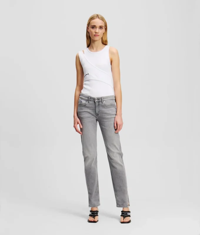 JEANS SLIM A VITA MEDIA CON ORLO SPACCATO JEANS SLIM A VITA MEDIA CON ORLO SPACCATO