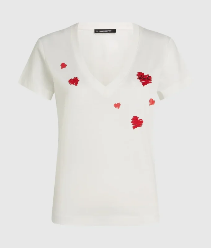 T-shirt con scollo a V e cuori T-shirt con scollo a V e cuori