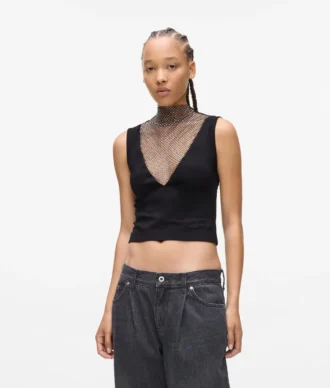 Top con scollo a V in rete con strass