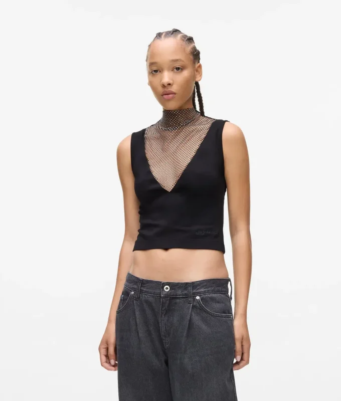 Top con scollo a V in rete con strass