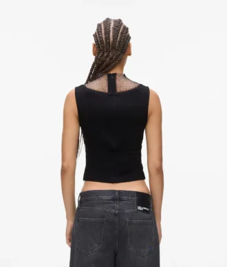 Top con scollo a V in rete con strass