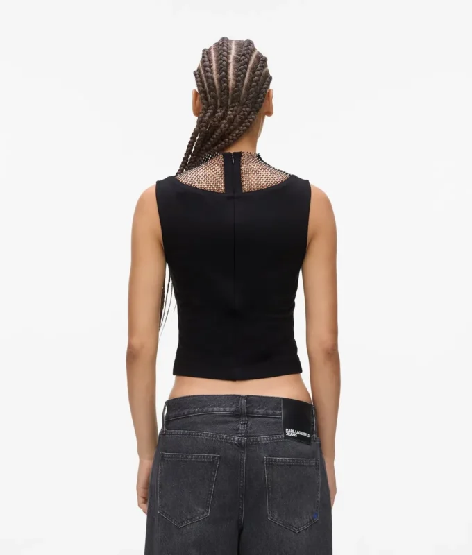 Top con scollo a V in rete con strass