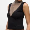 Top con scollo a V in rete con strass
