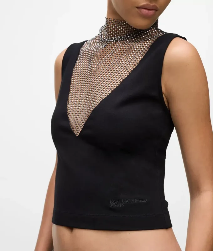Top con scollo a V in rete con strass