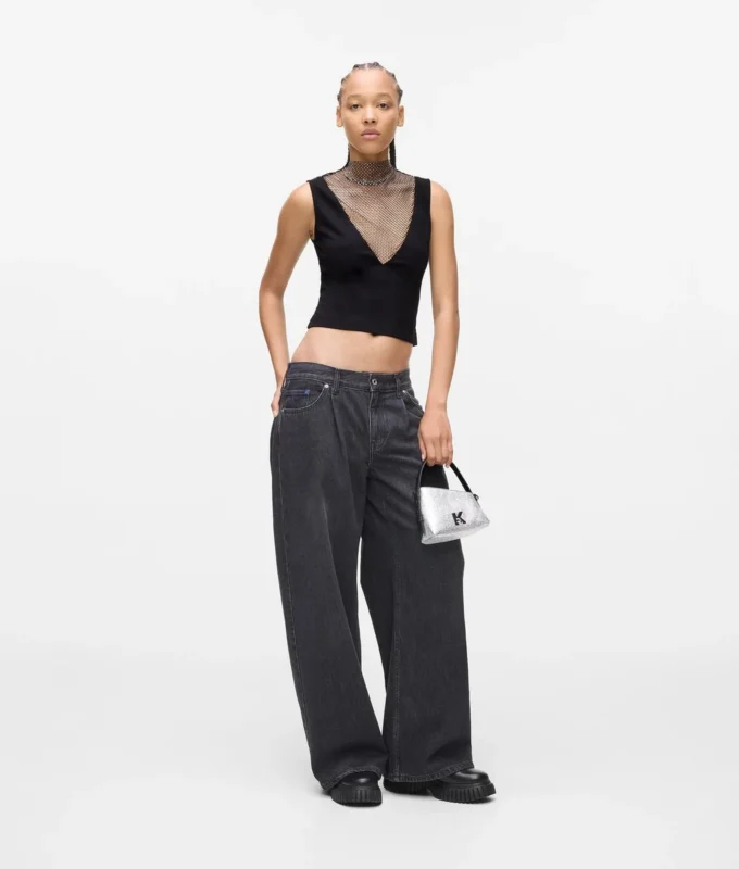 Top con scollo a V in rete con strass