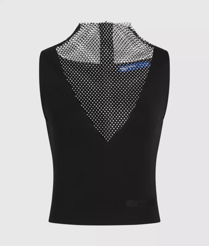 Top con scollo a V in rete con strass