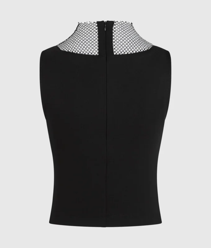 Top con scollo a V in rete con strass